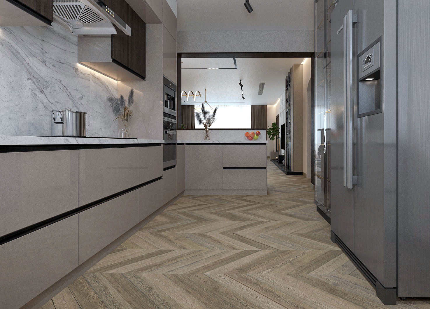 Hedendaagse architectuur, wit gevelhuis met houten accenten bij nacht, verlichte ramen.